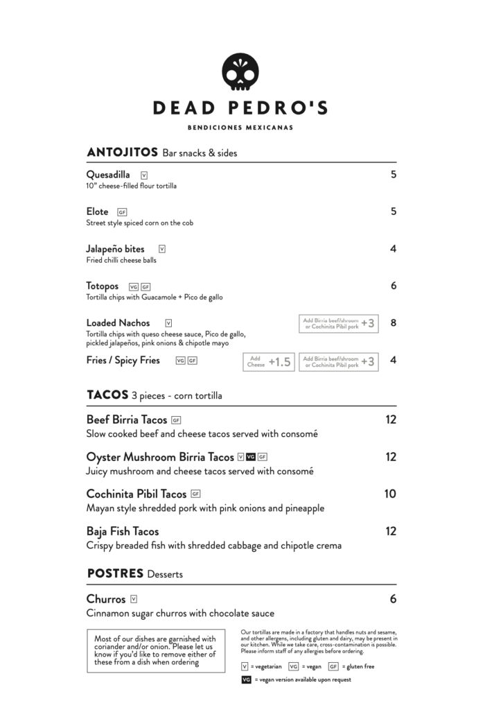 Dead Pedro's pub menu